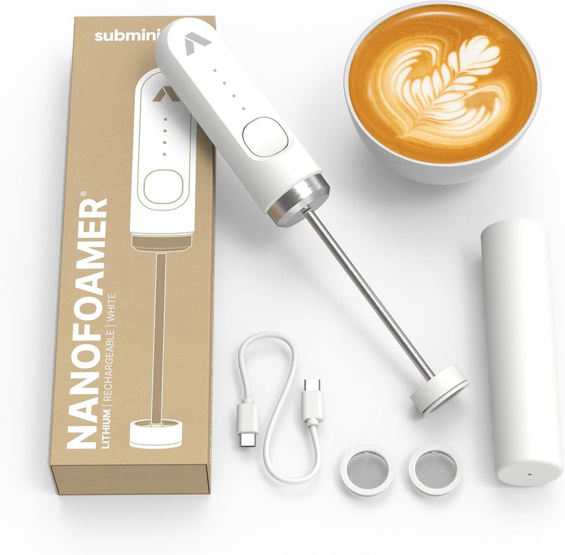 subminimal Performance Milk Foamer - NanoFoamer Lithium Handheld Frother - Rechargeable, Dual-Speed - Microfoamed Milk in 30sec, Barista-Style Coffee Drinks at Home - White Special Edition - Image 1